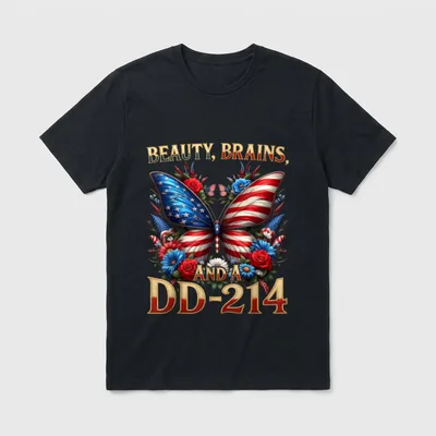 Female Veteran Army T-Shirt – "Beauty, Brains, and a DD-214" with butterfly and flowers – Classic T-Shirt in Black