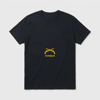 Army MP MOS Veteran T-Shirt – "VETERAN" text with crossed pistols insignia above in gold – Classic T-Shirt in Black
