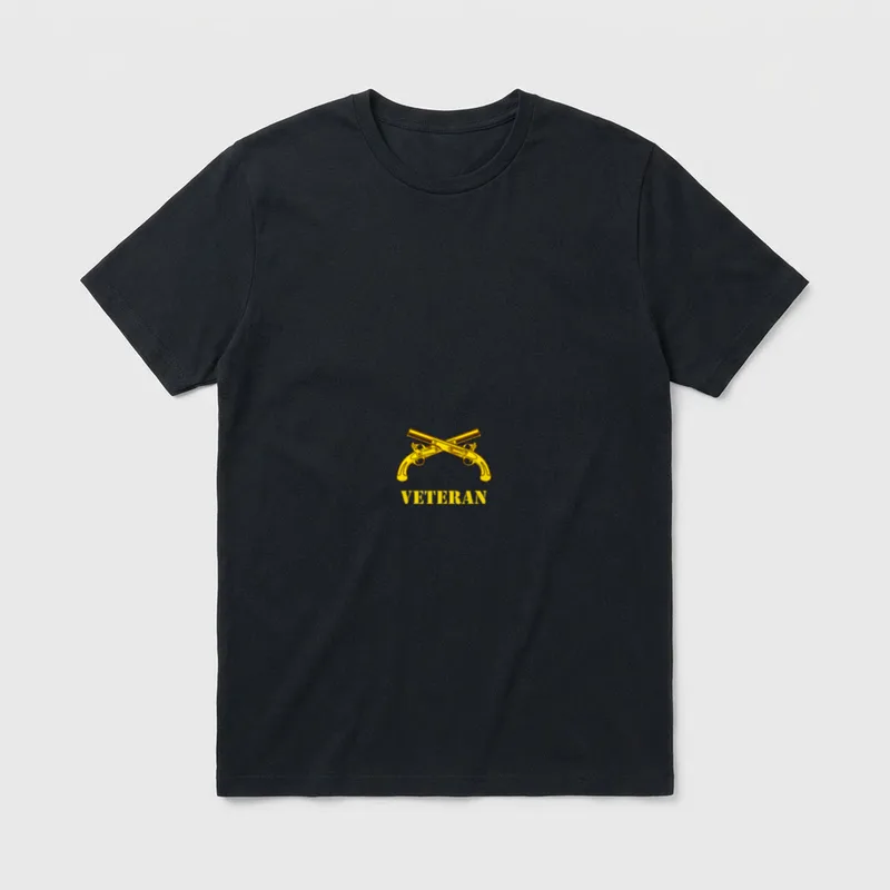 Army MP MOS Veteran T-Shirt – "VETERAN" text with crossed pistols insignia above in gold – Classic T-Shirt in Black