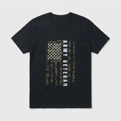 American Flag Patriotic Army T-Shirt – ARMY VETERAN text with camouflage American flag – Classic T-Shirt in Black