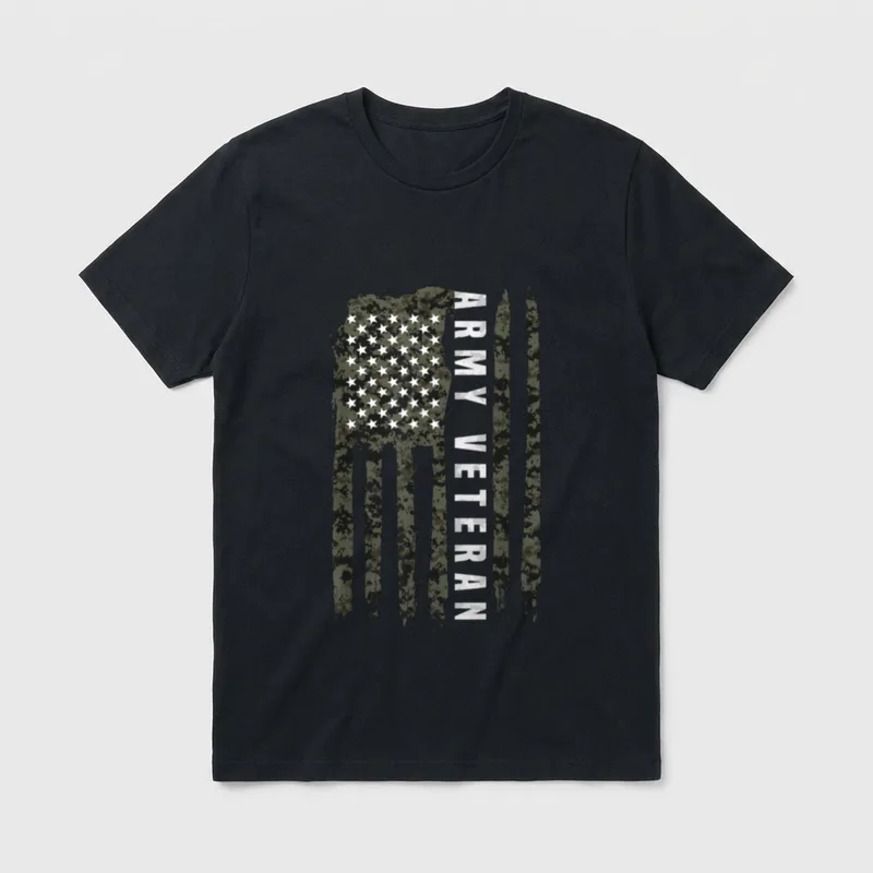 American Flag Patriotic Army T-Shirt – ARMY VETERAN text with camouflage American flag – Classic T-Shirt in Black