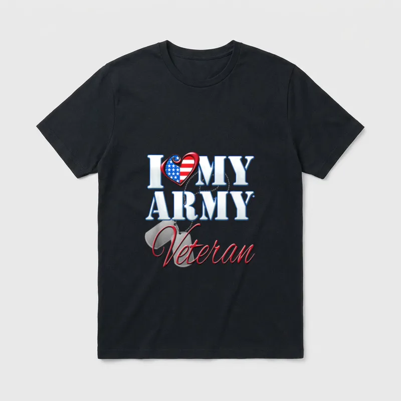 Army Veteran Pride T-Shirt – I Love My Army Veteran text with patriotic heart and dog tags – Classic T-Shirt in Black