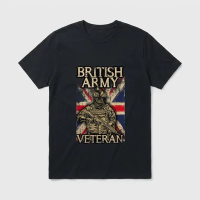 British Army Veteran T-Shirt – BRITISH ARMY VETERAN text with soldier and Union Jack flag – Classic T-Shirt in Black