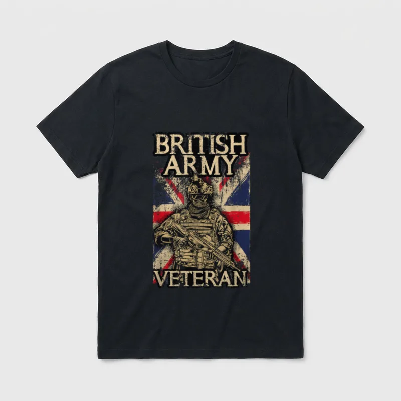 British Army Veteran T-Shirt – BRITISH ARMY VETERAN text with soldier and Union Jack flag – Classic T-Shirt in Black