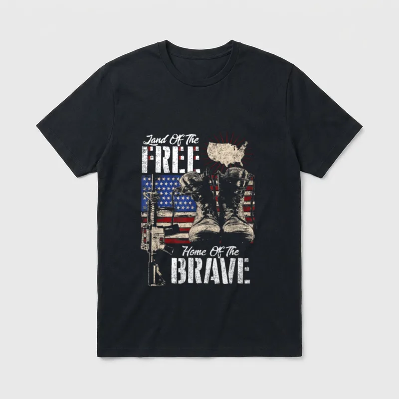 Army Service Member T-Shirt – "Land Of The FREE Home Of The BRAVE" with patriotic imagery – Classic T-Shirt in Black