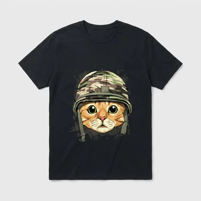 Cat Soldier Veteran T-Shirt – Orange tabby cat wearing military camouflage helmet and chin strap – Classic T-Shirt in Black