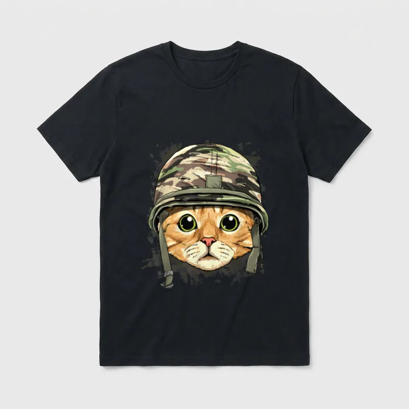 Cat Soldier Veteran T-Shirt – Orange tabby cat wearing military camouflage helmet and chin strap – Classic T-Shirt in Black