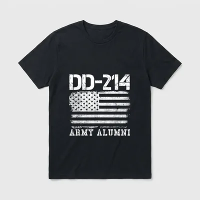 DD-214 Army Alumni T-Shirt – DD-214 and ARMY ALUMNI text with weathered American flag – Classic T-Shirt in Black