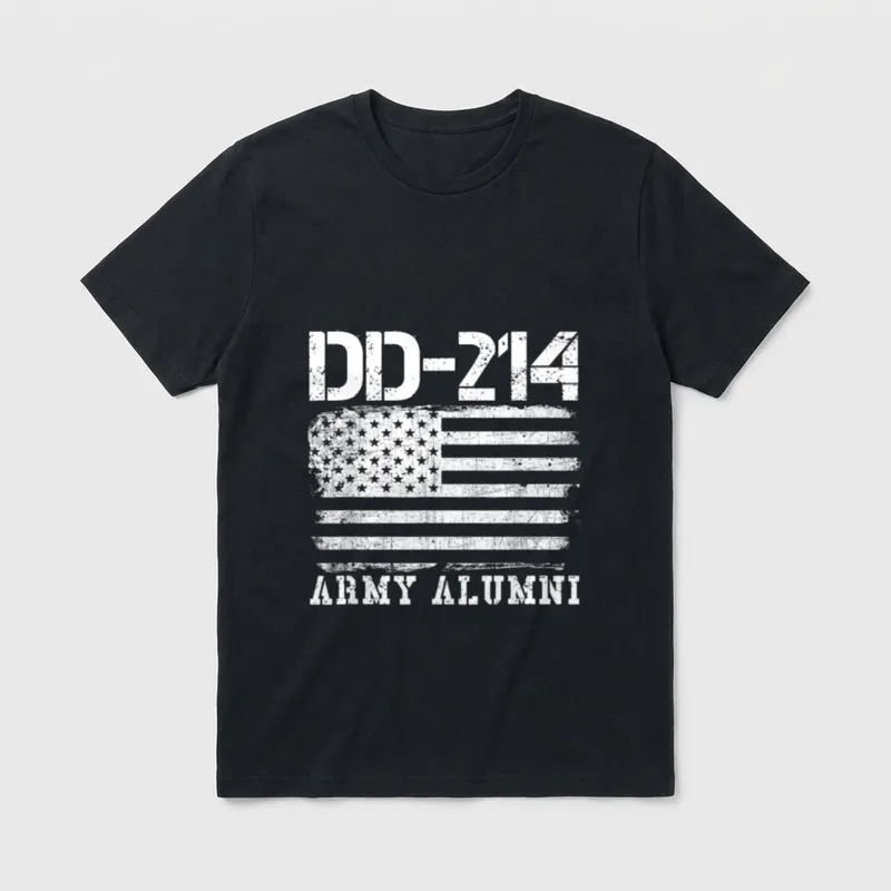 DD-214 Army Alumni T-Shirt – DD-214 and ARMY ALUMNI text with weathered American flag – Classic T-Shirt in Black
