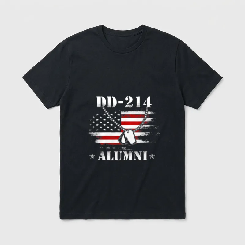 Army Alumni Vintage Flag T-Shirt – DD-214 text with dog tags over American flag and stars – Classic T-Shirt in Black