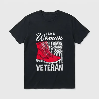 Woman Military Soldier Pride T-Shirt – I AM A Woman I AM A Female Veteran text with red boot – Classic T-Shirt in Black