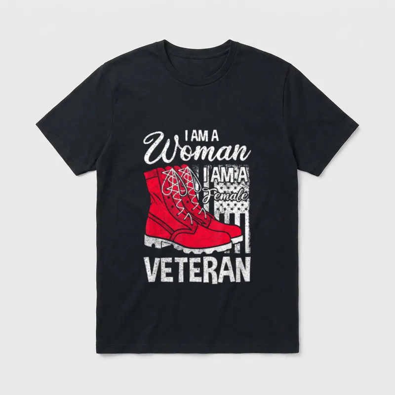 Woman Military Soldier Pride T-Shirt – I AM A Woman I AM A Female Veteran text with red boot – Classic T-Shirt in Black