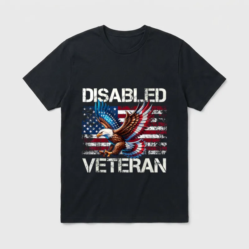 Disabled Veteran Military T-Shirt – DISABLED VETERAN text with eagle and distressed American flag – Classic T-Shirt in Black