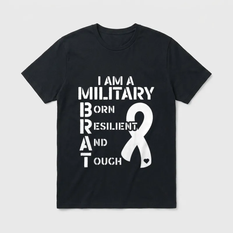 Military Brat Veteran T-Shirt – I AM A MILITARY BRAT BORN RESILIENT AND TOUGH with a white ribbon – Classic T-Shirt in Black
