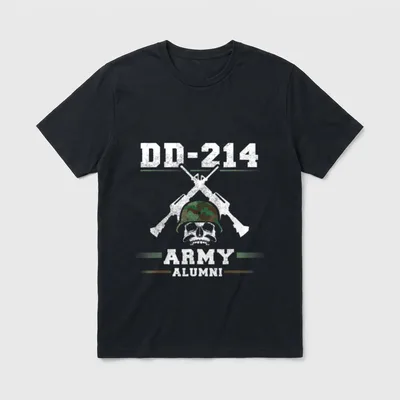 DD US Army Alumni T-Shirt – DD-214 text with skull, military helmet, and crossed rifles – Classic T-Shirt in Black