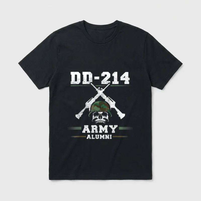 DD US Army Alumni T-Shirt – DD-214 text with skull, military helmet, and crossed rifles – Classic T-Shirt in Black