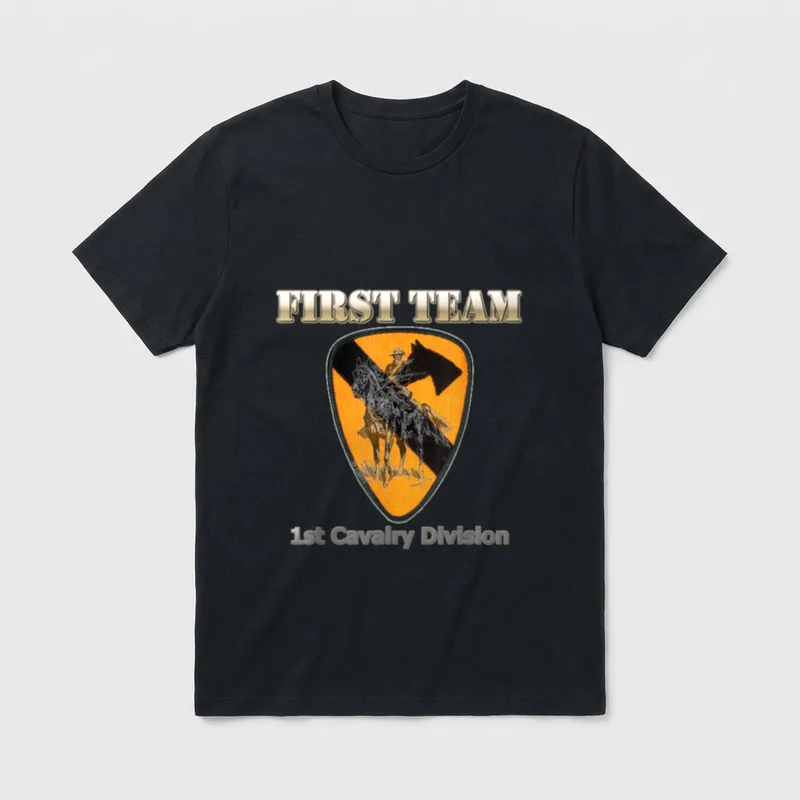 First Cavalry Division Veteran T-Shirt – First Team text with 1st Cavalry Division patch – Classic T-Shirt in Black