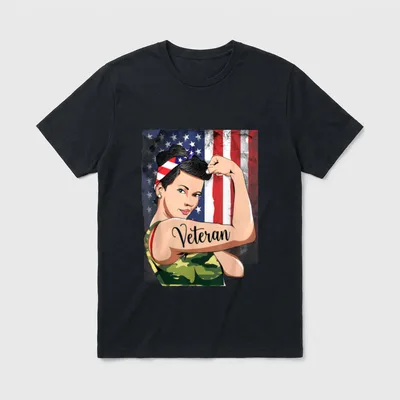 Army Veteran Strong Women T-Shirt – Woman in military camouflage flexing arm with "Veteran" text – Classic T-Shirt in Black