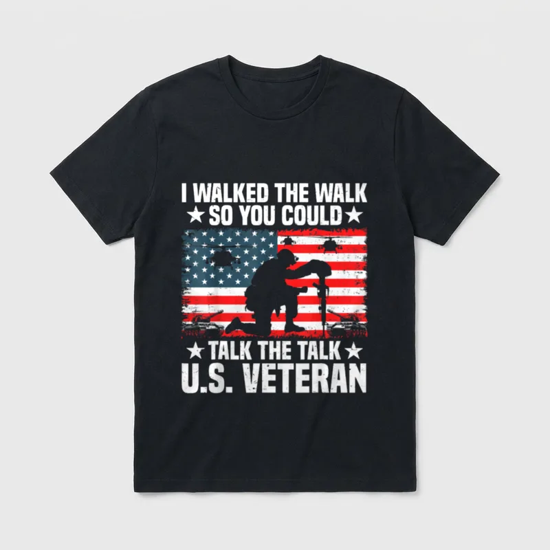 Army Veteran Walking T-Shirt – Soldier silhouette with U.S. flag and veteran text – Classic T-Shirt in Black