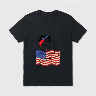 Female Soldier Veterans Day T-Shirt – "Veteran" with woman flexing arm over American flag – Classic T-Shirt in Black