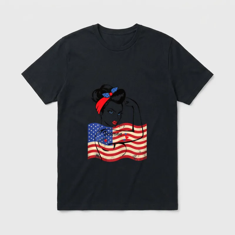 Female Soldier Veterans Day T-Shirt – "Veteran" with woman flexing arm over American flag – Classic T-Shirt in Black