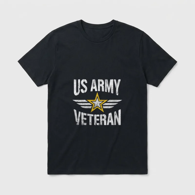 Army Veteran For Men T-Shirt – US ARMY and VETERAN text with gold-and-white winged star – Classic T-Shirt in Black