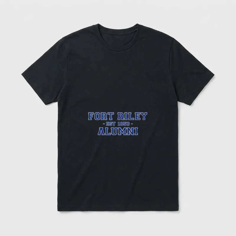 Fort Riley Army Veteran T-Shirt – FORT RILEY - EST 1853 - ALUMNI in bold blue college lettering – Classic T-Shirt in Black