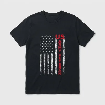 Thin Red Line Veteran T-Shirt – U.S. ARMY VETERAN text in red beside distressed flag – Classic T-Shirt in Black