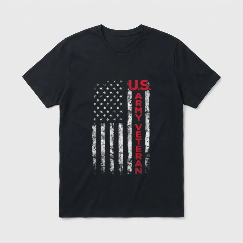 Thin Red Line Veteran T-Shirt – U.S. ARMY VETERAN text in red beside distressed flag – Classic T-Shirt in Black