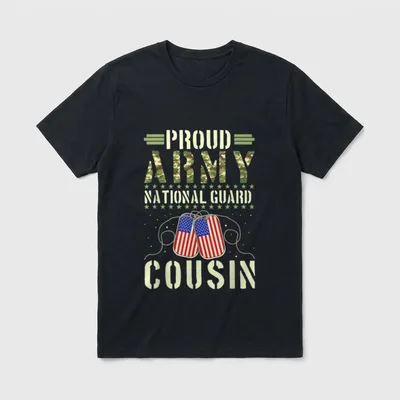 Proud Army National Guard Cousin T-Shirt – Camouflage army text with American flag dog tags – Classic T-Shirt in Black