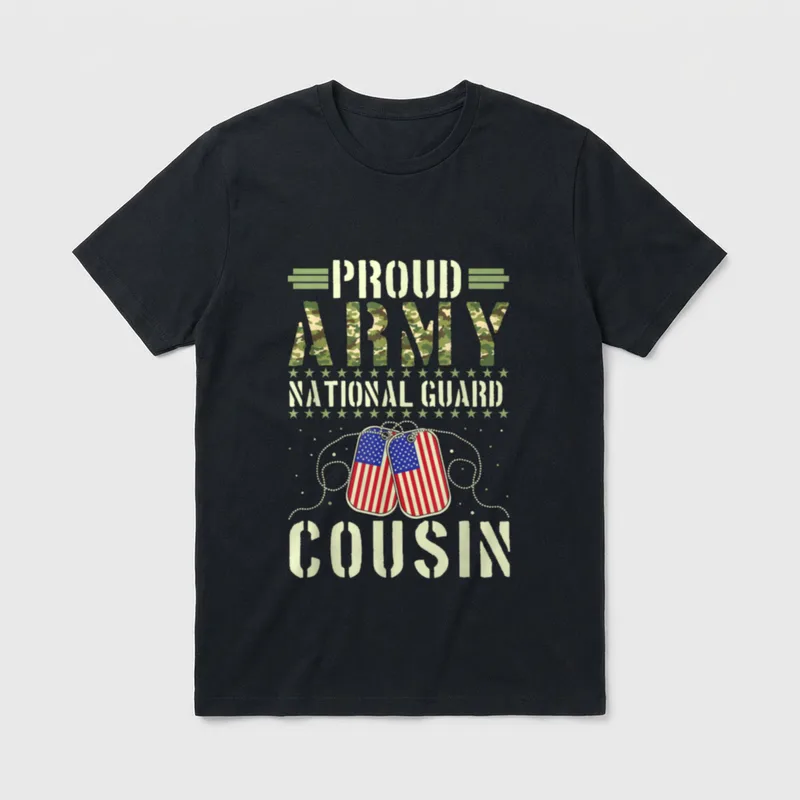 Proud Army National Guard Cousin T-Shirt – Camouflage army text with American flag dog tags – Classic T-Shirt in Black