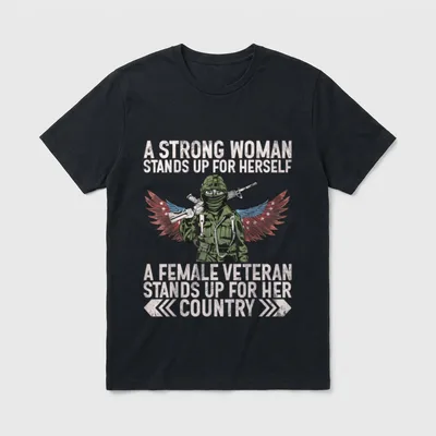 Female Veteran's Day T-Shirt – Soldier in tactical gear with patriotic wings holding rifle – Classic T-Shirt in Black