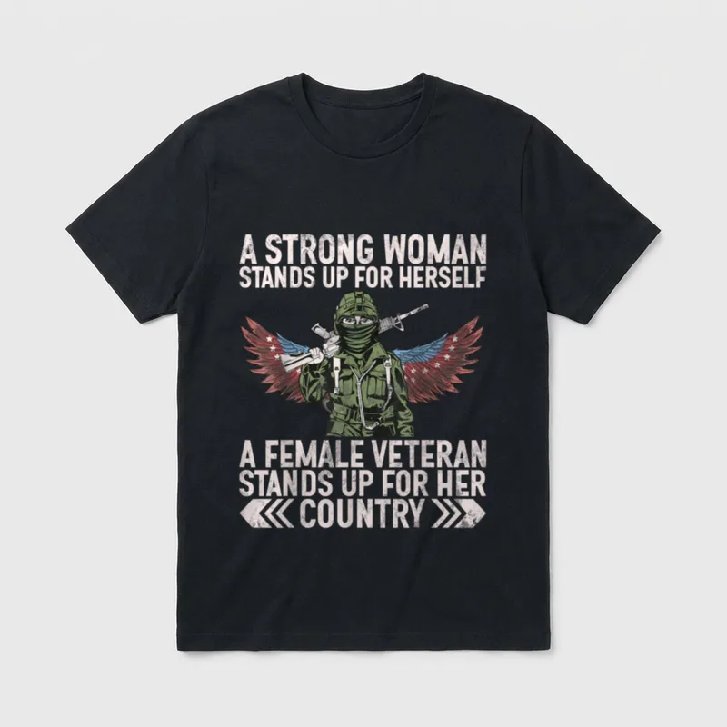 Female Veteran's Day T-Shirt – Soldier in tactical gear with patriotic wings holding rifle – Classic T-Shirt in Black