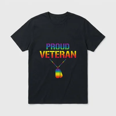 Proud LGBT Veteran T-Shirt – PROUD VETERAN in rainbow letters with colored combat boot – Classic T-Shirt in Black