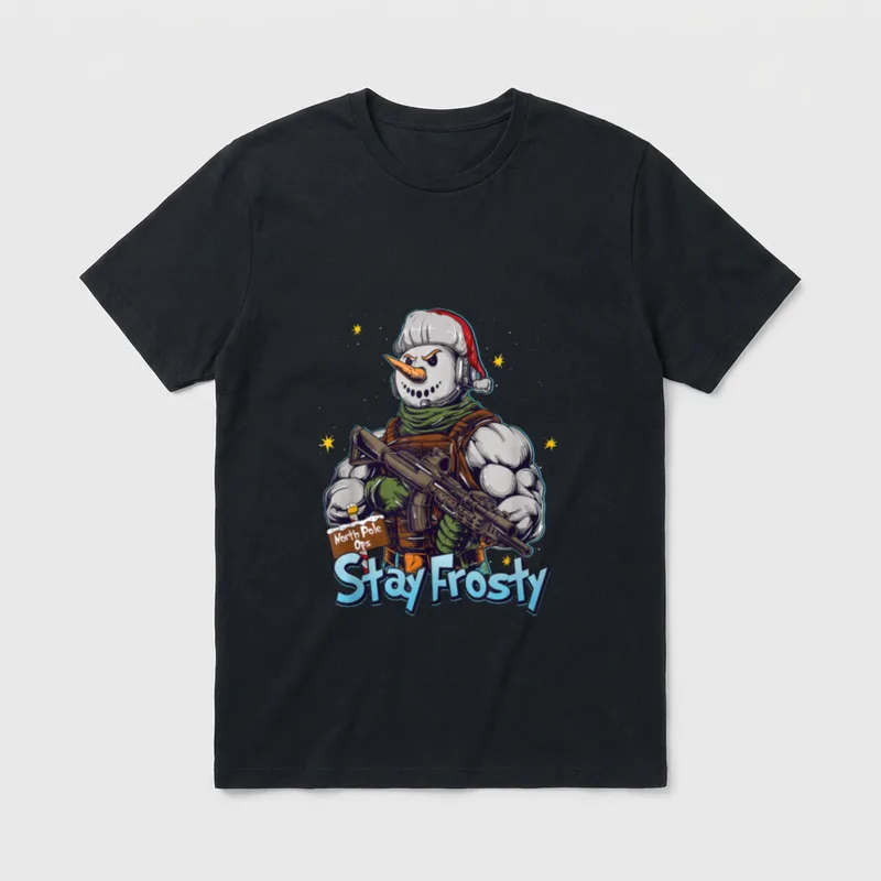 Stay Frosty Military Veteran T-Shirt – Tactical snowman with rifle and "Stay Frosty" text – Classic T-Shirt in Black