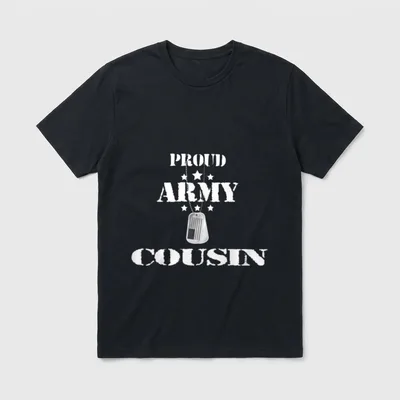 Army Veteran Support T-Shirt – Text reading PROUD ARMY COUSIN with a military dog tag and stars – Classic T-Shirt in Black
