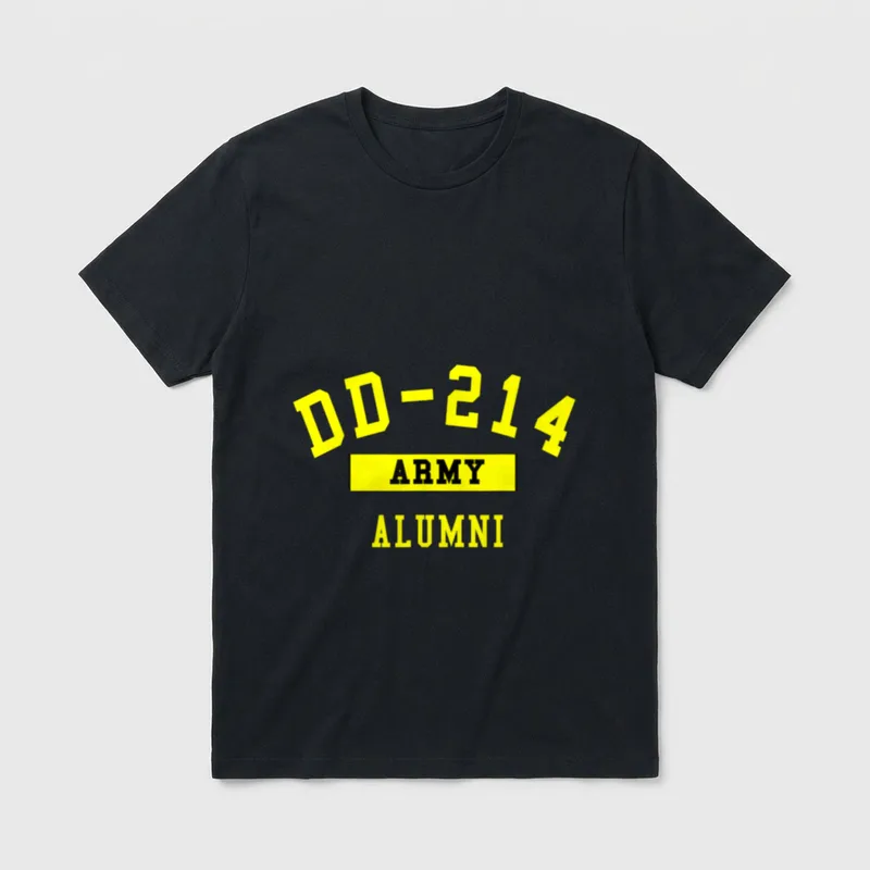 DD 214 Army Alumni Perfect T-Shirt – DD-214 ARMY ALUMNI in yellow letters – Classic T-Shirt in Black