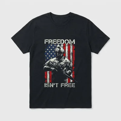 Free Veteran T-Shirt – "FREEDOM ISN'T FREE" with soldier and USA flag – Classic T-Shirt in Black