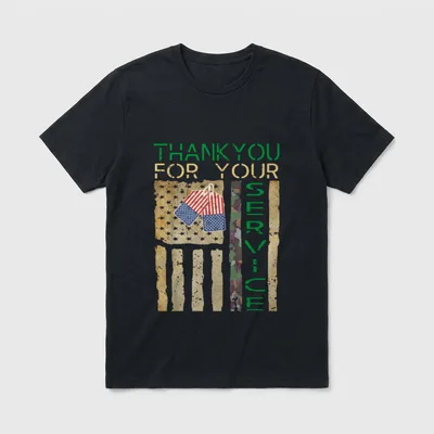 Veterans Day Soldier T-Shirt – "Thank you for your service" with camouflage and flag imagery – Classic T-Shirt in Black