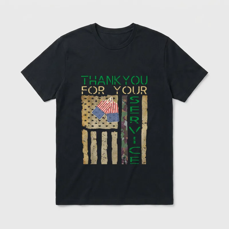 Veterans Day Soldier T-Shirt – "Thank you for your service" with camouflage and flag imagery – Classic T-Shirt in Black