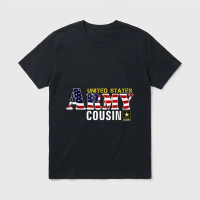 United States Flag American Army Cousin T-Shirt – ARMY COUSIN in flag letters with U.S. Army badge – Classic T-Shirt in Black