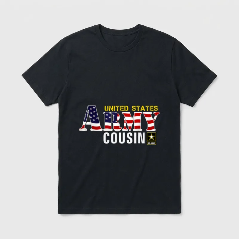 United States Flag American Army Cousin T-Shirt – ARMY COUSIN in flag letters with U.S. Army badge – Classic T-Shirt in Black