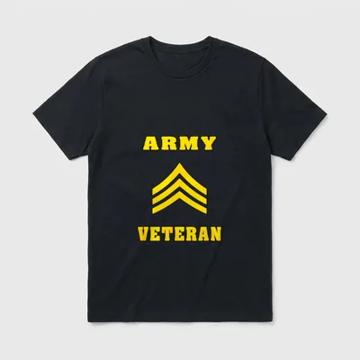 Army Sergeant Veteran Military T-Shirt – Yellow ARMY VETERAN text with three chevron stripes – Classic T-Shirt in Black