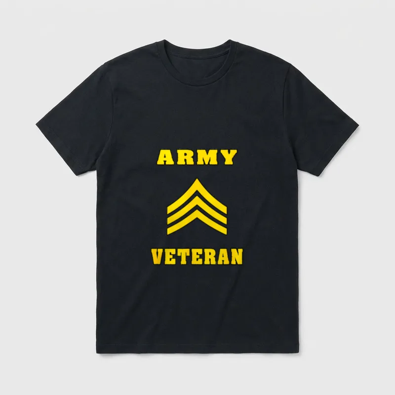 Army Sergeant Veteran Military T-Shirt – Yellow ARMY VETERAN text with three chevron stripes – Classic T-Shirt in Black