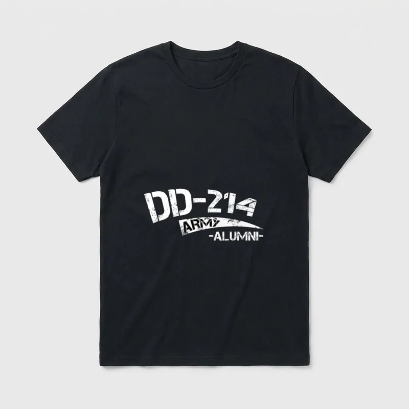 DD214 Alumni Army Veteran T-Shirt – Distressed DD-214 ARMY alumni text graphic in white and black – Classic T-Shirt in Black