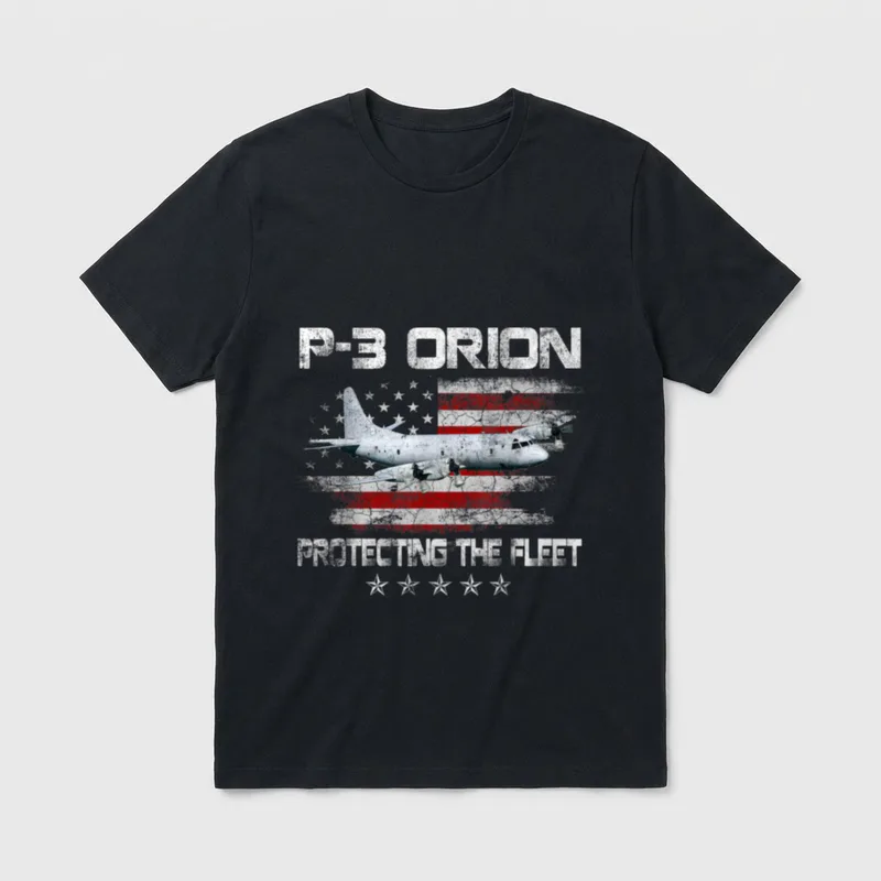 P-3 Orion Sub Hunter T-Shirt – P-3 ORION and PROTECTING THE FLEET with aircraft and flag – Classic T-Shirt in Black