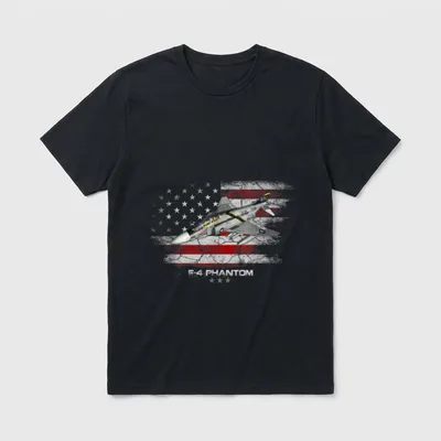 F-4 Phantom Pilot T-Shirt – F-4 PHANTOM printed below a tactical fighter jet over American flag – Classic T-Shirt in Black