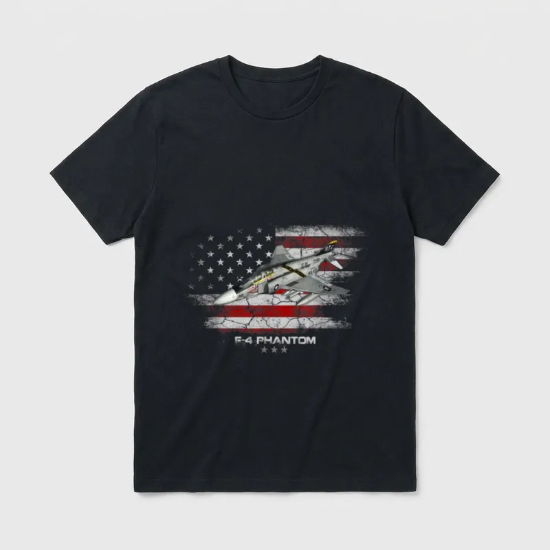 F-4 Phantom Pilot T-Shirt – F-4 PHANTOM printed below a tactical fighter jet over American flag – Classic T-Shirt in Black
