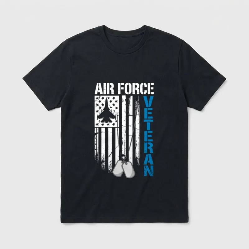 Fighter Pilot Veteran T-Shirt – AIR FORCE" and "VETERAN" text with fighter jet and flag – Classic T-Shirt in Black