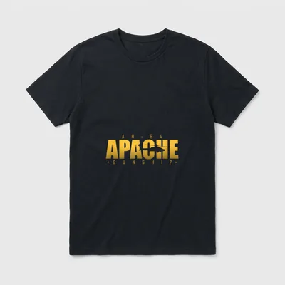 AH-64 Apache Helicopter T-Shirt – Gold text reading APACHE GUNSHIP with helicopter silhouette – Classic T-Shirt in Black